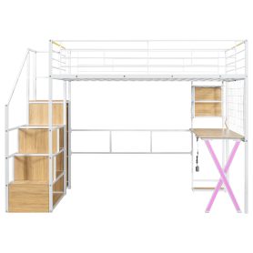 Full Size Metal Loft Bed with Built-in Work Station, Wardrobe, Storage Staircase and LED