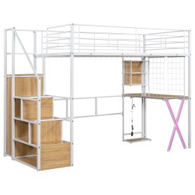 Twin Size Metal Loft Bed with Built-in Work Station, Wardrobe, Storage Staircase and LED