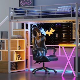 Twin Size Metal Loft Bed with Built-in Work Station, Wardrobe, Storage Staircase and LED