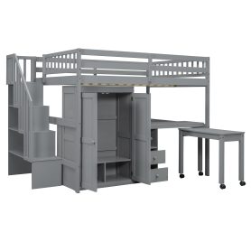 Full Size Loft Bed with Stairs, Bookshelf, Drawers, Desk & Wardrobe