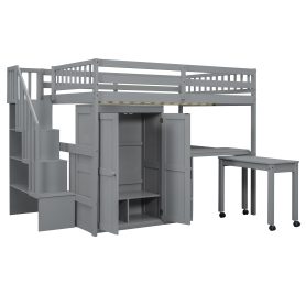 Full Size Loft Bed with Stairs, Bookshelf, Drawers, Desk & Wardrobe