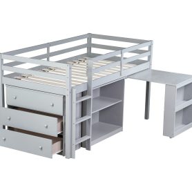 Rubber Wood Twin Loft Bed With Drawer Cabinet, Shelf Cabinet, Pulling-out Desk And Safety Guardrail 53 Rubber Wood Twin Loft Bed With Drawer Cabinet, Shelf Cabinet, Pulling-out Desk And Safety Guardrail