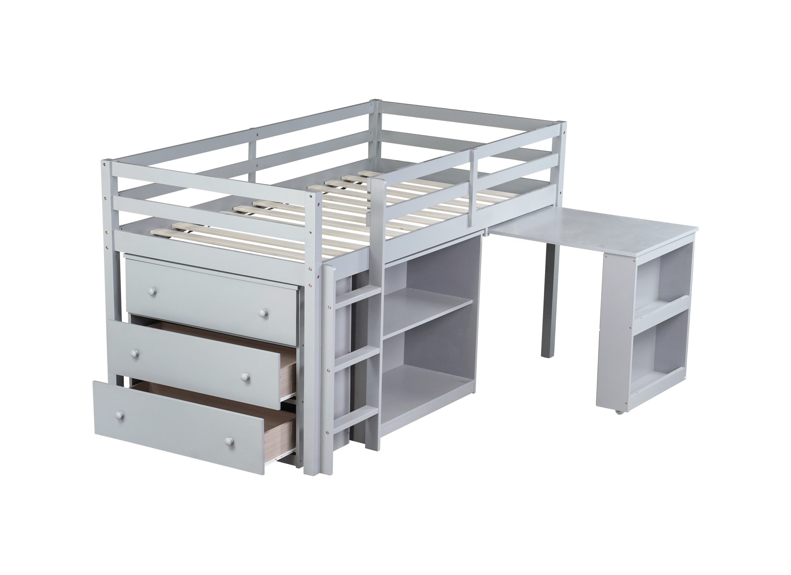 Rubber Wood Twin Loft Bed With Drawer Cabinet, Shelf Cabinet, Pulling-out Desk And Safety Guardrail 28 Rubber Wood Twin Loft Bed With Drawer Cabinet, Shelf Cabinet, Pulling-out Desk And Safety Guardrail