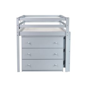 Rubber Wood Twin Loft Bed With Drawer Cabinet, Shelf Cabinet, Pulling-out Desk And Safety Guardrail