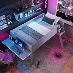 Wood Twin Size Gaming Loft Bed with Desk and LED
