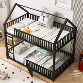 Metal Twin Over Twin House Bunk Bed With Fence And Door