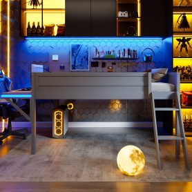 Wood Full Size Gaming Loft Bed with Desk and LED