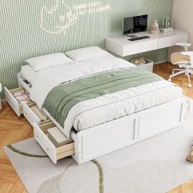 Wood Queen Size Platform Bed Frame with 6 Drawers