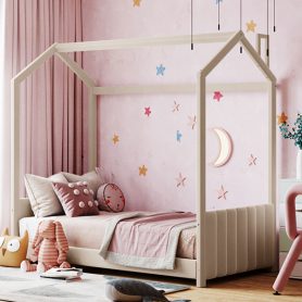 Wood Twin Size Velvet House Bed