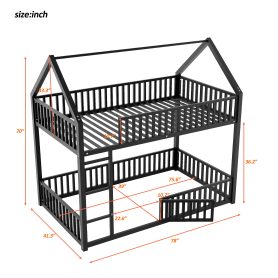 Metal Twin Over Twin House Bunk Bed With Fence And Door