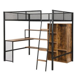 Full Size Metal Loft bed with Built-in Desk, Wardrobeand Shelves