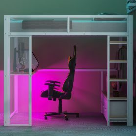 Full Size Metal Gaming Loft Bed with LED, Desk, Open Wardrobe and 3 Linen Storage Drawers