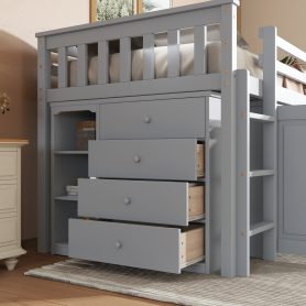 Rubber Wood Twin Loft Bed With Storage Cabinet, Drawer and Shelf Cabinet and Pulling-Out Desk