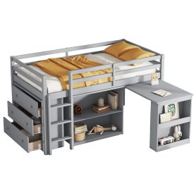 Rubber Wood Twin Loft Bed With Drawer Cabinet, Shelf Cabinet, Pulling-out Desk And Safety Guardrail 49 Rubber Wood Twin Loft Bed With Drawer Cabinet, Shelf Cabinet, Pulling-out Desk And Safety Guardrail