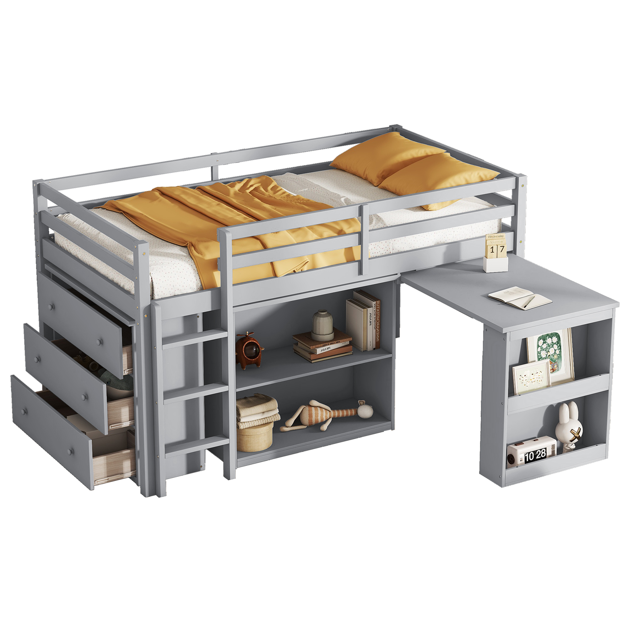 Rubber Wood Twin Loft Bed With Drawer Cabinet, Shelf Cabinet, Pulling-out Desk And Safety Guardrail 24 Rubber Wood Twin Loft Bed With Drawer Cabinet, Shelf Cabinet, Pulling-out Desk And Safety Guardrail