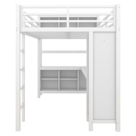 Full Size Metal Loft Bed With Wardrobe, L-shaped Desk, Storage Cubes And Shelves