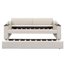 Twin Size Upholstery Daybed with Storage Arms, Trundle and USB 35 Twin Size Upholstery Daybed with Storage Arms, Trundle and USB