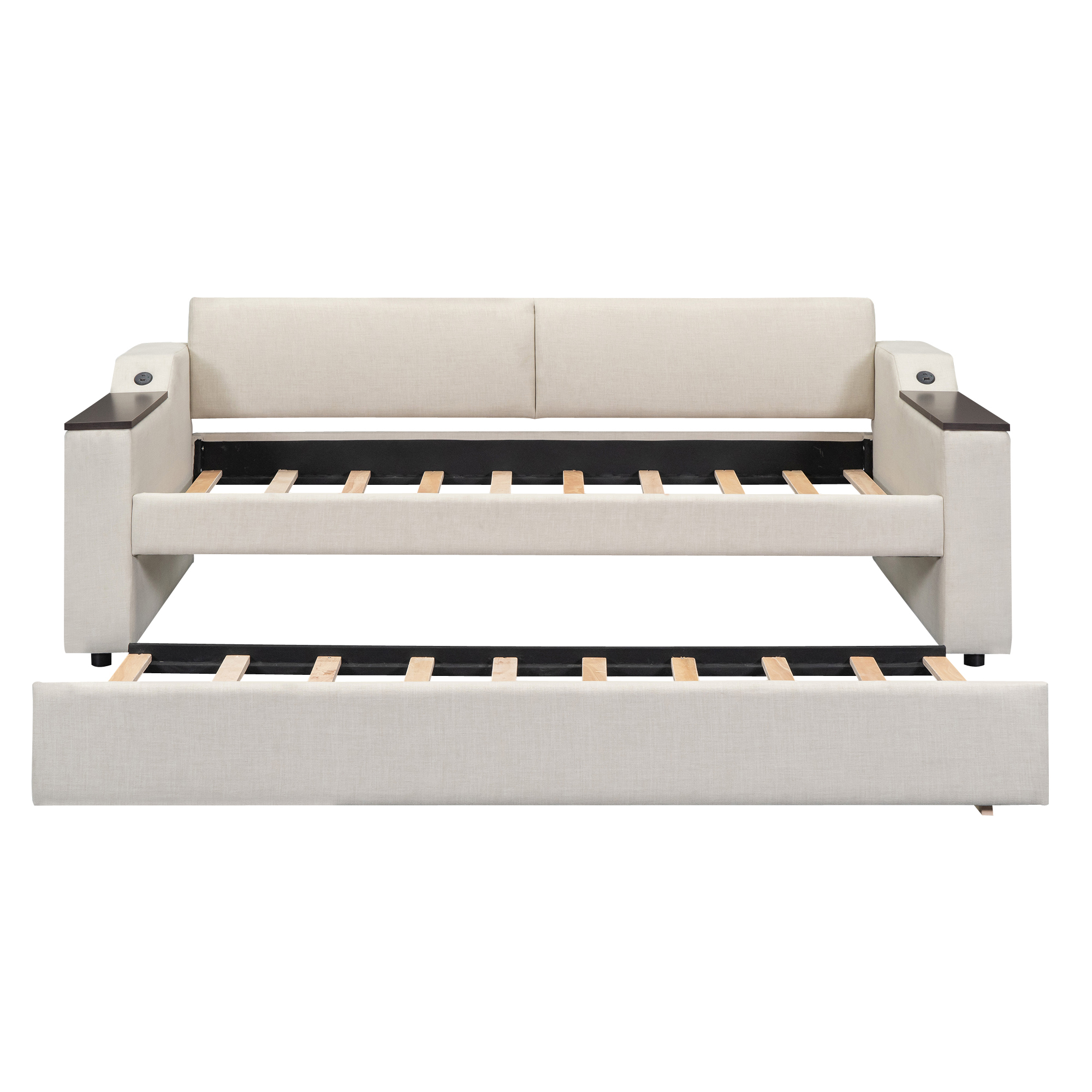 Twin Size Upholstery Daybed with Storage Arms, Trundle and USB 15 Twin Size Upholstery Daybed with Storage Arms, Trundle and USB