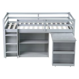 Rubber Wood Twin Loft Bed With Drawer Cabinet, Shelf Cabinet, Pulling-out Desk And Safety Guardrail 35 Rubber Wood Twin Loft Bed With Drawer Cabinet, Shelf Cabinet, Pulling-out Desk And Safety Guardrail