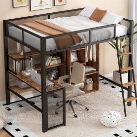Full Size Metal Loft bed with Built-in Desk, Wardrobeand Shelves