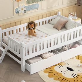 Wood Twin Size Platform Bed with Guardrail and 2 Drawers