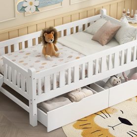 Wood Twin Size Platform Bed with Guardrail and 2 Drawers