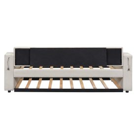 Twin Size Upholstery Daybed with Storage Arms, Trundle and USB 42 Twin Size Upholstery Daybed with Storage Arms, Trundle and USB