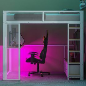 Full Size Metal Gaming Loft Bed with LED, Desk, Open Wardrobe and 3 Linen Storage Drawers