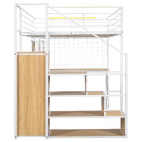 Full Size Metal Loft Bed with Built-in Work Station, Wardrobe, Storage Staircase and LED