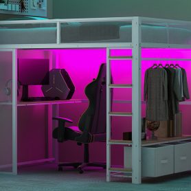 Full Size Metal Gaming Loft Bed with LED, Desk, Open Wardrobe and 3 Linen Storage Drawers