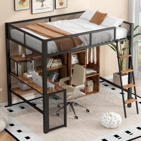 Full Size Metal Loft bed with Built-in Desk, Wardrobeand Shelves