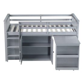 Rubber Wood Twin Loft Bed With Storage Cabinet, Drawer And Shelf Cabinet And Pulling-out Desk