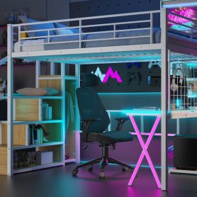 Full Size Metal Loft Bed with Built-in Work Station, Wardrobe, Storage Staircase and LED