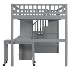 Full Size Loft Bed with Stairs, Bookshelf, Drawers, Desk & Wardrobe