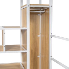 Twin Size Metal Loft Bed with Built-in Work Station, Wardrobe, Storage Staircase and LED