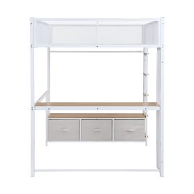 Full Size Metal Gaming Loft Bed with LED, Desk, Open Wardrobe and 3 Linen Storage Drawers