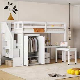 Twin Size Loft Bed with Stairs, Bookshelf, Drawers, Desk & Wardrobe
