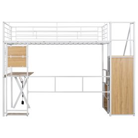 Twin Size Metal Loft Bed with Built-in Work Station, Wardrobe, Storage Staircase and LED