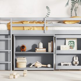 Rubber Wood Twin Loft Bed With Drawer Cabinet, Shelf Cabinet, Pulling-out Desk And Safety Guardrail 47 Rubber Wood Twin Loft Bed With Drawer Cabinet, Shelf Cabinet, Pulling-out Desk And Safety Guardrail