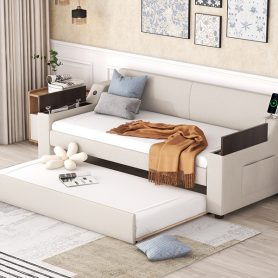 Twin Size Upholstery Daybed with Storage Arms, Trundle and USB 27 Twin Size Upholstery Daybed with Storage Arms, Trundle and USB