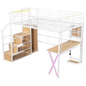 Full Size Metal Loft Bed with Built-in Work Station, Wardrobe, Storage Staircase and LED