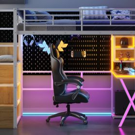 Twin Size Metal Loft Bed with Built-in Work Station, Wardrobe, Storage Staircase and LED