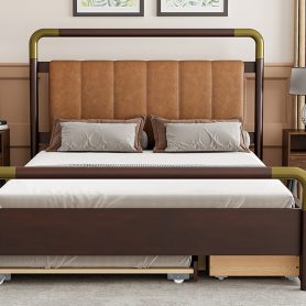 Wooden Queen Size Platform Bed With 2 Big Drawers and T-Xl Size Trundle
