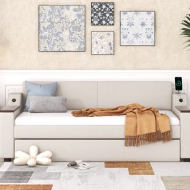 Twin Size Upholstery Daybed with Storage Arms, Trundle and USB 28 Twin Size Upholstery Daybed with Storage Arms, Trundle and USB