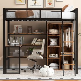 Full Size Metal Loft bed with Built-in Desk, Wardrobeand Shelves