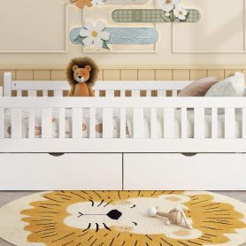 Wood Twin Size Platform Bed with Guardrail and 2 Drawers