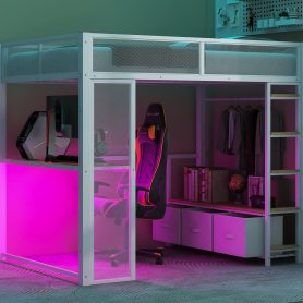Full Size Metal Gaming Loft Bed with LED, Desk, Open Wardrobe and 3 Linen Storage Drawers