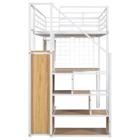 Twin Size Metal Loft Bed with Built-in Work Station, Wardrobe, Storage Staircase and LED