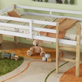 Rubber Wooden Twin Loft Bed with Ladder,  Natural White