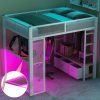 Full Size Metal Gaming Loft Bed with LED, Desk, Open Wardrobe and 3 Linen Storage Drawers